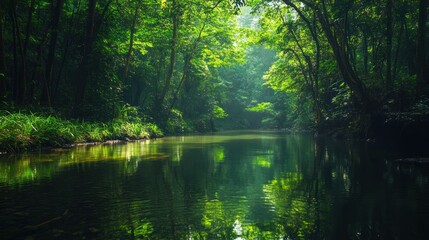 Lush green forest canopy over a tranquil river reflecting the surrounding trees.