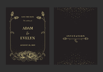 Luxury wedding invitation with lotus flowers  golden line art on black background