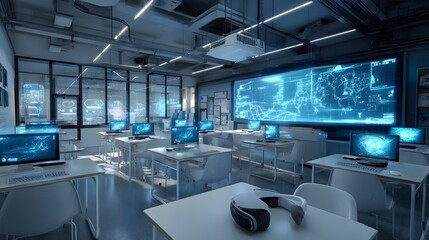 Futuristic classroom with vr headsets and computers for immersive learning and technology education lab room