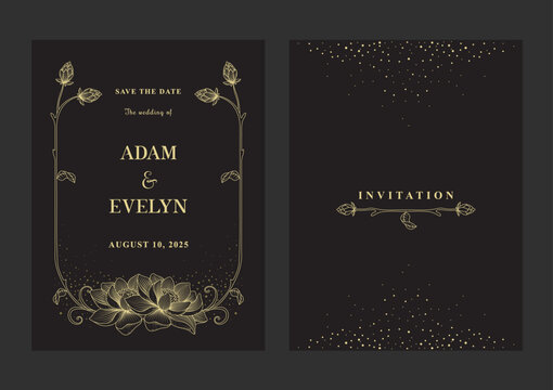 Luxury wedding invitation with lotus flowers  golden line art on black background