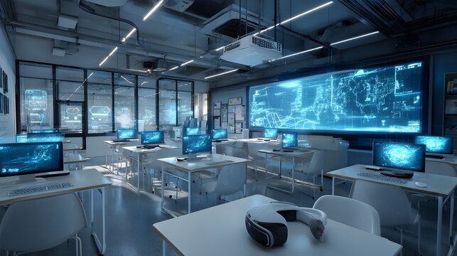Futuristic classroom with vr headsets and computers for immersive learning and technology education lab room