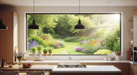 Kitchen View: Lush Garden Scene Framed by a Large Window and Pendant Lights