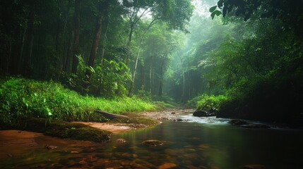 Obraz premium Serene rainforest stream, mist-shrouded trees, lush vegetation, tranquil water flowing through a green jungle path.