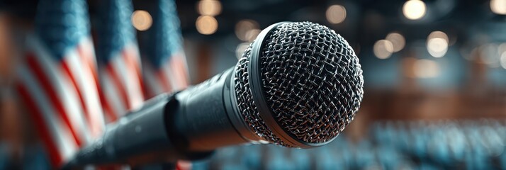 Microphone positioned for public speaking at a formal event with American flags in the background