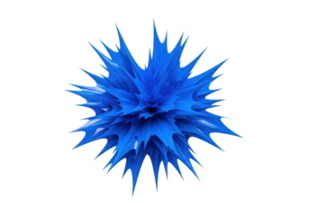 Vivid electric blue synthetic dye splatter, sharply angular with fragmented, crystalline edges, isolated on transparent background with negative space, digital disruption concept