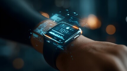 Smartwatch health fitness tracker technology wearable device futuristic digital interface on wrist display