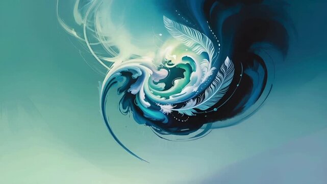 Abstract Teal and White Feather Swirl Design - Digital Art