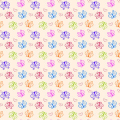 Seamless pattern featuring colorful, stylized butterflies in pink, blue, orange, green, and purple