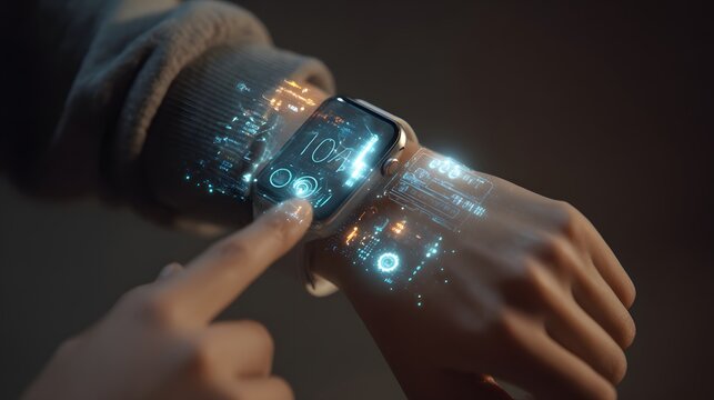 Futuristic smartwatch technology concept person using digital augmented reality interface on wrist device