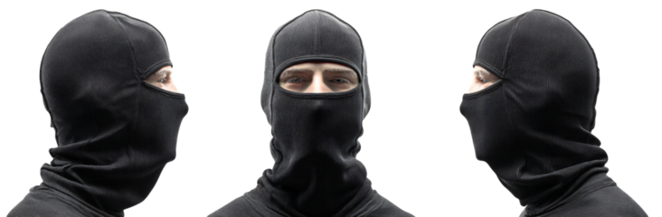 Man wearing black balaclava showing face from three angles