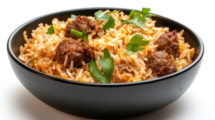 Fototapeta premium Delicious and savory bowl of perfectly cooked fluffy white rice topped with tender seasoned meat and colorful assortment of fresh crisp mixed vegetables creating balanced and satisfying meal
