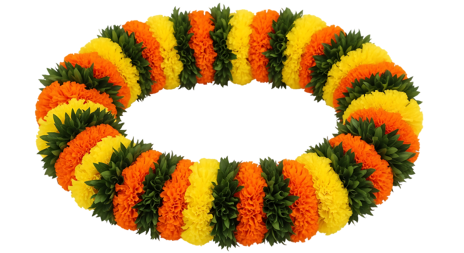 Vibrant floral wreath design with alternating marigold colors on dark backdrop