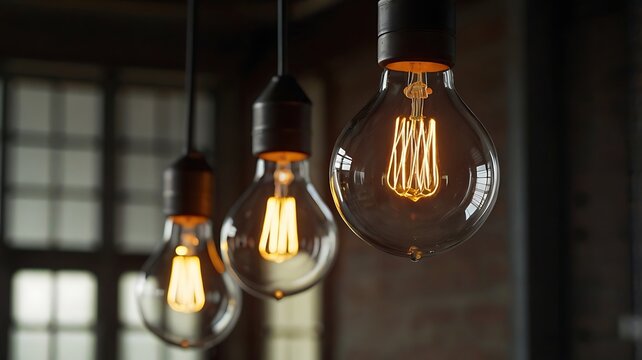 A close up view of three vintage style light bulbs hanging from the ceiling in a dimly lit room