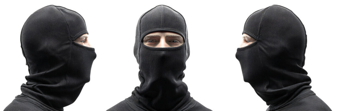 Man wearing black balaclava showing face from three angles