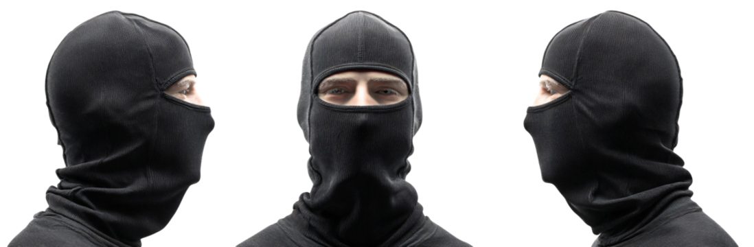 Man wearing black balaclava showing face from three angles
