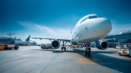 Obraz premium Airplane Parked At Busy International Airport, Multiple Service Vehicles Around, Passengers Boarding, Clean Blue Sky, Ultra Clear Advertisement-Ready Aviation Stock Photo --Ar 16: