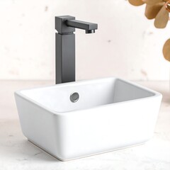 Fototapeta premium Modern white rectangular sink with matte black faucet