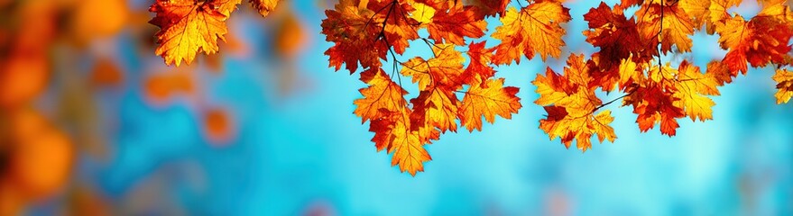 Fototapeta premium autumn orange maple leaves on a blue background with a bokeh effect. autumn nature banner, with space for text.