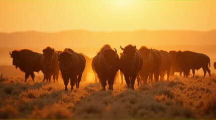 Obraz premium Herd of Bison Moving Through Prairie at Sunset in Warm Orange Light