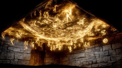 Obraz premium Enchanted Dungeon Map Projected on Stone Walls and Ceiling in a Dimly Lit Cavern