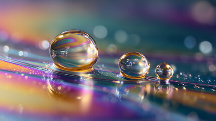Naklejka premium Three small, clear, shiny, and reflective spheres are floating on a blue surface