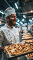 Chef proudly holds freshly baked pizza in a bustling restaurant kitchen during busy dinner hours