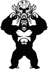 A powerful gorilla with a futuristic helmet on its head, flexing its muscles and roaring in a dynamic black and white illustration.