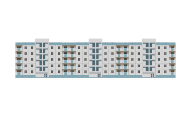 Five-storey panel apartment building facade lined with white tiles, with three entrances and blue details is isolated.