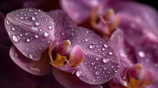 A close up of a purple flower with water droplets on it