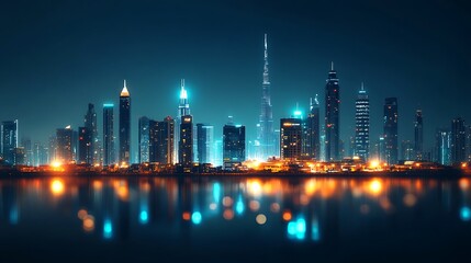 Cityscape at night with illuminated buildings reflected in water
