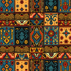 Vibrant Patchwork Design with Intricate Tribal Patterns