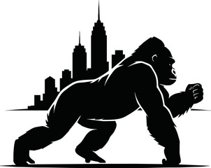 Silhouette of a powerful gorilla in motion against a backdrop of a city skyline.
