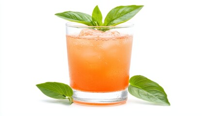 Tall clear drinking glass filled with vibrant freshly squeezed orange juice elegantly garnished with fresh green basil leaves creating healthy 
