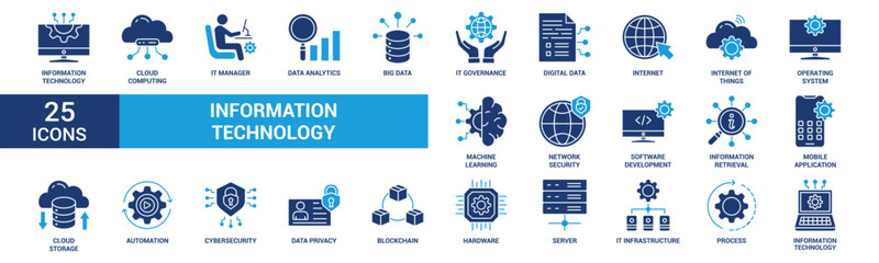 Information Technology icon set. Containing cloud computing, IT manager, big data, data analytics, internet, network security and more. Solid vector icons collection.
