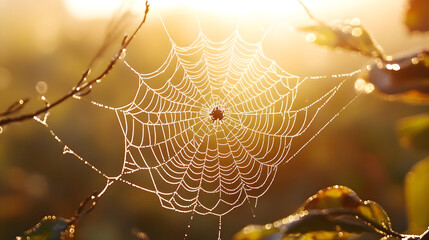Naklejka premium Delicate spiderweb in warm morning light
