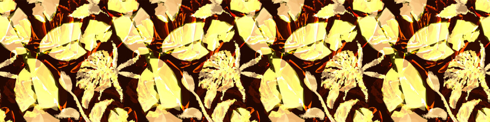 Seamless Botanical Pattern with Stylized Yellow Leaves. Ornamental Nature Design with Dark Background. Seamless Tropical Motif in Earthy Colors. Tropical Floral Motif. Warm color background
