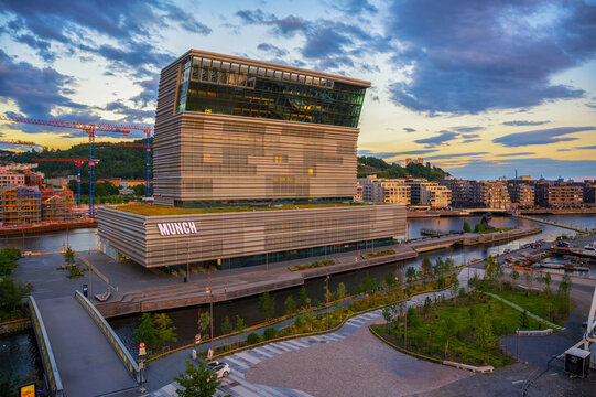Oslo, Norway - July 30, 2024 : Modern Munch Museum photographed at sunset. This is an art museum dedicated to the life and works of the Norwegian artist Edvard Munch.