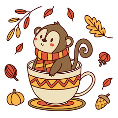 Cute Happy Howler Monkey, accessorized with in a teacup, in a Autumn world – Autumn Leaves palette vector