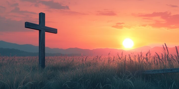 Sunset casts warm light over rustic wooden cross in tranquil field near mountains - Powered by Adobe
