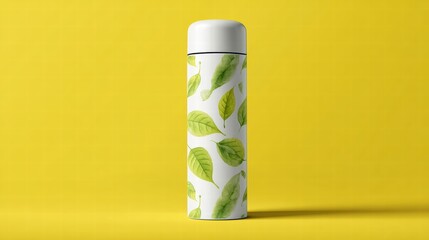 Watercolor-leaf white thermos casting shadow on yellow for artistic Father's Day travel.