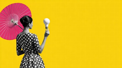 Polka-dot woman with light bulb and pink umbrella on yellow for creative Mother's Day poster.