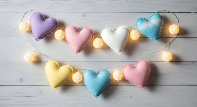 Pastel heart garland with string lights on white wood