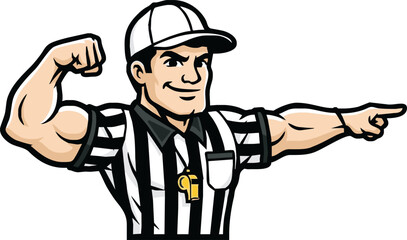A strong, muscular cartoon referee mascot flexing his bicep and pointing with a confident smile.