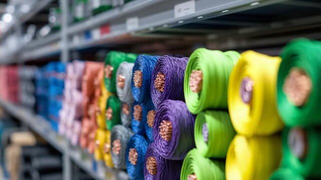 Vibrant electrical cable rolls with exposed copper cores, set against a blurred shop shelf backdrop.