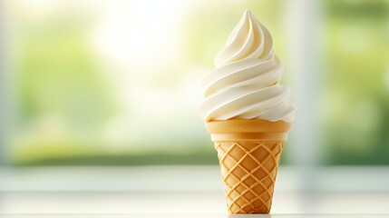 Minimalist food photography of classic white soft serve ice cream dessert with perfect creamy swirl in crispy wafer cone refreshing sweet summer snack treat