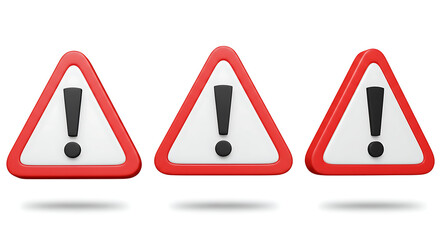 Three red triangular warning signs with black exclamation marks isolated on white background