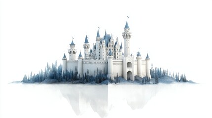 Obraz premium Majestic medieval fortress with towering spires stands shrouded in thick blanket of morning mist nestled within dense ancient forest of evergreen trees on cool day