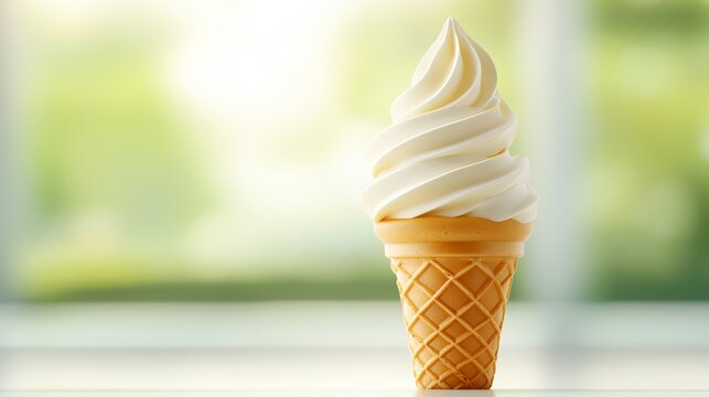 Minimalist food photography of classic white soft serve ice cream dessert with perfect creamy swirl in crispy wafer cone refreshing sweet summer snack treat
