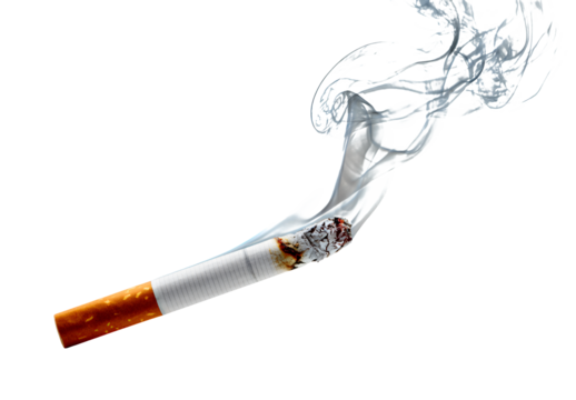 Burning cigarette with swirling smoke, symbol of addiction and habit