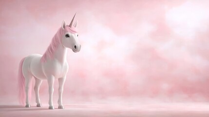 Magnificent and graceful white unicorn with long spiraled horn and flowing mane stands in majestic pose against vibrant and solid hot pink studio background creating minimalist fantasy scene